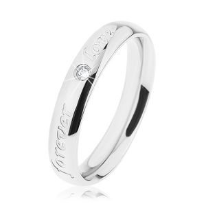 Prsten z oceli 316L, stříbrná barva, gravírovaný nápis, čirý zirkonek - Velikost: 54