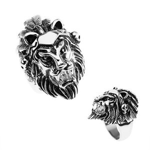 Prsten z oceli 316L, stříbrná barva, hlava lva, čelenka s pírky, lebky - Velikost: 59