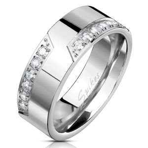 Prsten z oceli 316L, stříbrná barva, linie čirých zirkonů, 8 mm - Velikost: 65