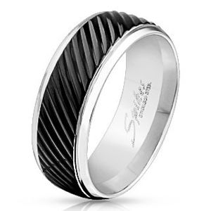 Prsten z oceli 316L stříbrné barvy, černý pás se šikmými zářezy, 8 mm - Velikost: 62