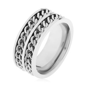 Prsten z oceli 316L stříbrné barvy, dva dekorativní řetízky, vysoký lesk - Velikost: 62