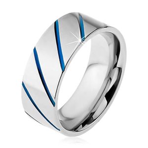 Prsten z oceli 316L stříbrné barvy, modré diagonální pruhy, 8 mm - Velikost: 63