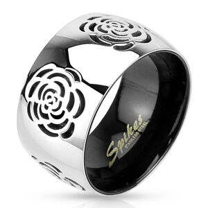 Prsten z oceli 316L, stříbrno-černé barevné provedení, gravírované růže - Velikost: 53