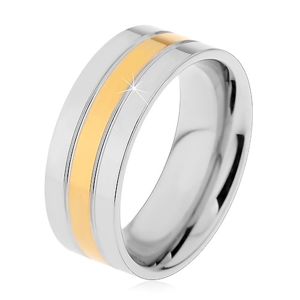 Prsten z oceli 316L stříbrno-zlaté barvy - tři lesklé pruhy, 8 mm - Velikost: 67
