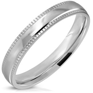 Prsten z oceli 316L, stříbrný odstín, lesklý střed a vroubkované okraje, 4 mm - Velikost: 70