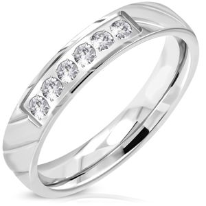Prsten z oceli 316L, stříbrný odstín, třpytivá čirá zirkonová linie, 4 mm - Velikost: 54