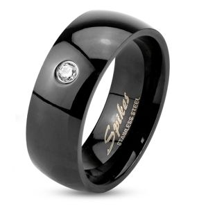 Prsten z oceli 316L v černé barvě, vypouklá lesklá ramena, čirý zirkon, 8 mm - Velikost: 63