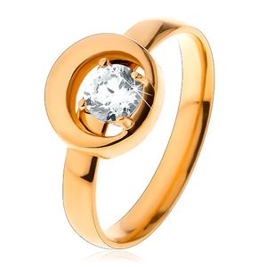 Prsten z oceli 316L ve zlatém odstínu, kulatý čirý zirkon v kruhu s výřezem - Velikost: 52