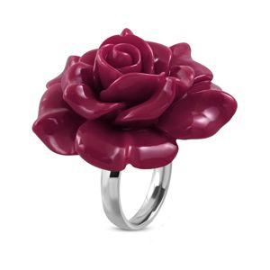 Prsten z oceli 316L - velká růžovofialová rozkvetlá růže z pryskyřice - Velikost: 52