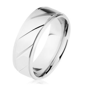 Prsten z oceli 316L, vyvýšený pás zdobený šikmými zářezy, stříbrná barva - Velikost: 65