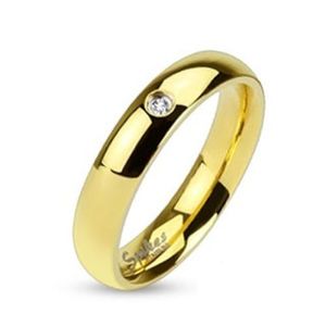 Prsten z oceli 316L zlaté barvy, čirý zirkonek, lesklý hladký povrch, 4 mm - Velikost: 53