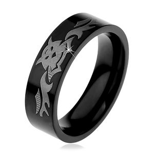 Prsten z oceli - černá obroučka s béžovým motivem netopýra - Velikost: 51