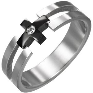 Prsten z oceli - černý kříž, čirý zirkon - Velikost: 58