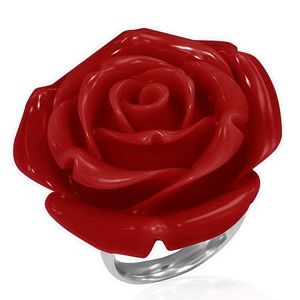 Prsten z oceli - červená vykvetlá růže z pryskyřice - Velikost: 59