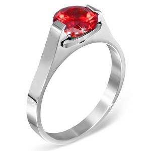 Prsten z oceli - červený měsíční kámen "Leden", postranní úchyty - Velikost: 59