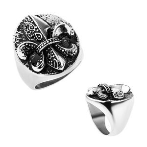 Prsten z oceli, Fleur de Lis v oválu, stříbrná barva, patina - Velikost: 70