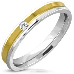 Prsten z oceli - kroužek s prohlubní zlaté barvy uprostřed, čirý kámen - Velikost: 49