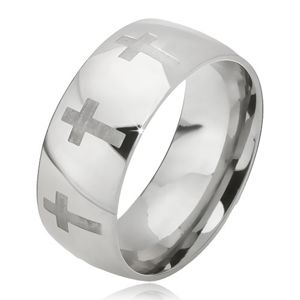 Prsten z oceli - lesklá stříbrná obroučka, matný latinský kříž - Velikost: 52