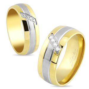 Prsten z oceli, linie zlaté a stříbrné barvy, šikmý pásek čirých zirkonů, 8 mm - Velikost: 65