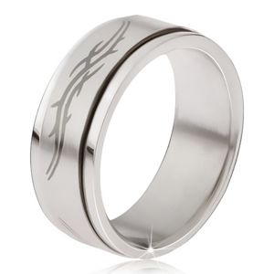 Prsten z oceli - matná točící se obruč, šedý potisk tribal motivu  - Velikost: 69