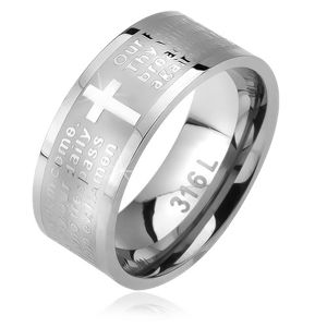 Prsten z oceli, matný pás s lesklým křížem a modlitbou Otčenáš - Velikost: 57