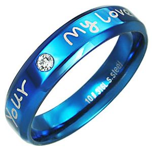 Prsten z oceli - modrá barva, zamilovaný nápis - Velikost: 59