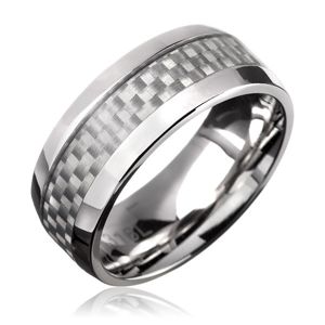 Prsten z oceli - obroučka, bílý karbonový pás - Velikost: 59