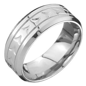 Prsten z oceli - obroučka, V zářezy uprostřed a dvě linie rýh - Velikost: 57