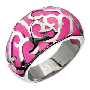 Prsten z oceli - růžový s kovovou dekorací, srdíčko - Velikost: 56