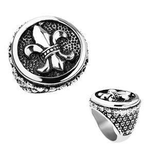 Prsten z oceli, stříbrná barva, patina, Fleur de Lis v kruhu, srdíčka - Velikost: 65