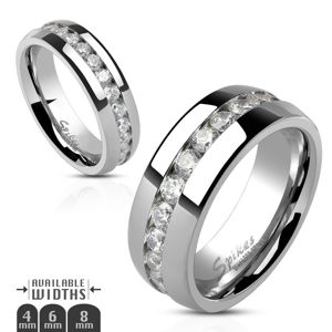 Prsten z oceli, stříbrná barva, souvislá linie čirých zirkonů po obvodu, 6 mm - Velikost: 70