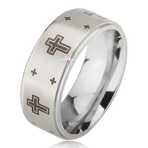 Prsten z oceli - stříbrná obroučka s matným středem, potisk kříže - Velikost: 57