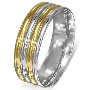 Prsten z oceli - stříbrno-zlaté zaoblené pásy - Velikost: 65