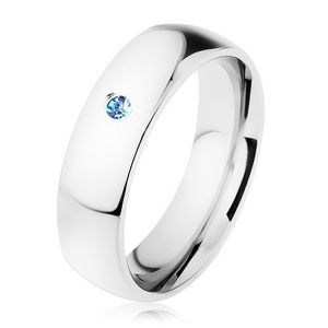 Prsten z oceli, stříbrný odstín, zrcadlově lesklý povrch, světle modrý zirkon - Velikost: 57