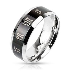 Prsten z oceli - stříbrný s černým pruhem a římskými číslicemi - Velikost: 59