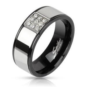 Prsten z oceli - stříbrný s černými okraji, zirkonový čtverec - Velikost: 65