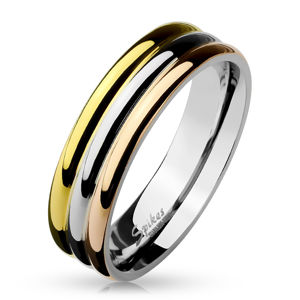 Prsten z oceli - tři lesklé pruhy v měděné, zlaté a stříbrné barvě, 6 mm - Velikost: 52
