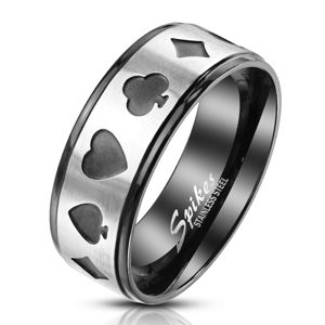 Prsten z oceli v černo-stříbrném odstínu - symboly hracích karet v pokeru, 8 mm - Velikost: 59