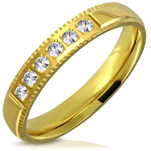 Prsten z oceli ve zlatém barevném odstínu - ozdobné hrany, šest zirkonků, 4 mm - Velikost: 60