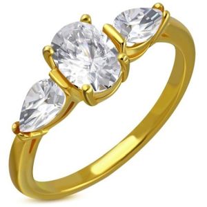 Prsten z oceli ve zlatém odstínu - čirý třpytivý zirkon, zirkonové slzičky - Velikost: 52