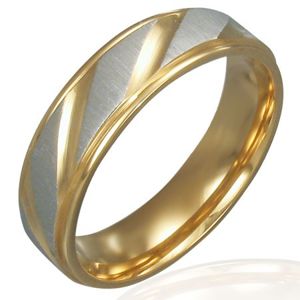 Prsten z oceli - zlato-stříbrný, diagonální rýhování - Velikost: 54