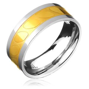 Prsten z oceli - zlato-stříbrný, motiv šikmých oválů - Velikost: 62