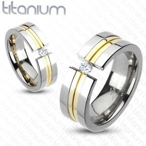Prsten z titanu - dva zlaté pásy, zirkon - Velikost: 59