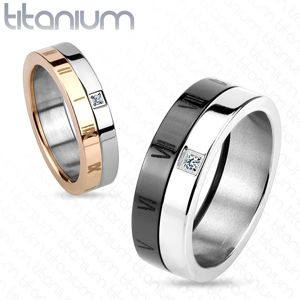 Prsten z titanu, měděný a stříbrný odstín, zirkon, římské číslice, 5 mm - Velikost: 54