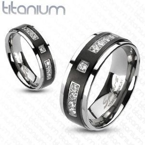 Prsten z titanu s matným černým pruhem a kamínky - Velikost: 54