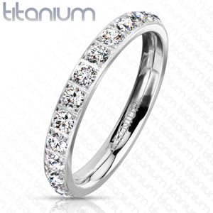 Prsten z titanu s úzkými rameny - čiré třpytivé zirkony, drobné tyčinky, 3 mm - Velikost: 50