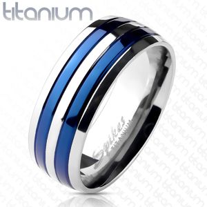 Prsten z titanu se dvěma modrými pruhy - Velikost: 65