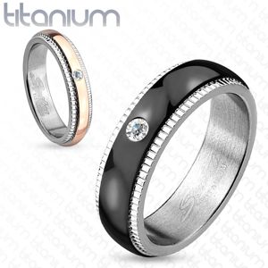 Prsten z titanu, stříbrná barva, černý pás se zirkonem, vroubky, 6 mm - Velikost: 61