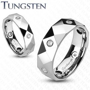 Prsten z wolframu s kosočtverci, trojúhelníky a zirkony - Velikost: 49, Šířka: 6 mm
