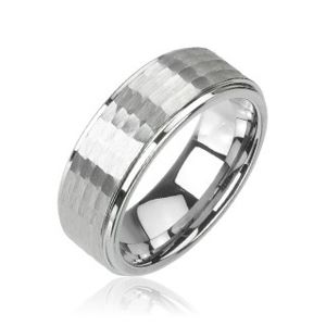 Prsten z wolframu stříbrné barvy, broušený vzor, 8 mm - Velikost: 51